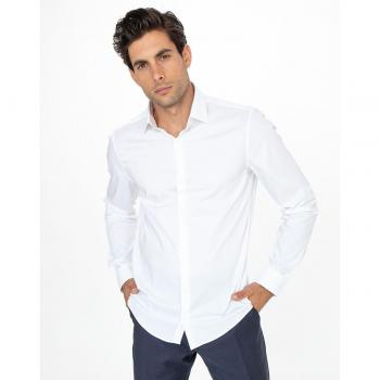 Businesshemd CALVIN KLEIN POPLIN STRETCH SLIM SHIRT Gr. 39, N-Gr, weiß (white) Herren Hemden mit Kentkragen, Logoprint auf Brusthöhe