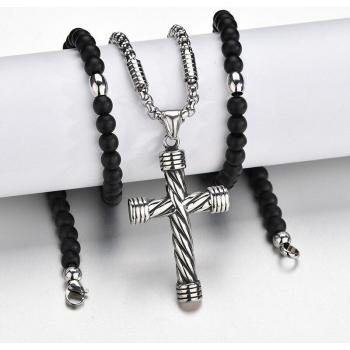 Collar de hombre con cruz de acero inoxidable, cadena plateada y cuentas de piedra negra