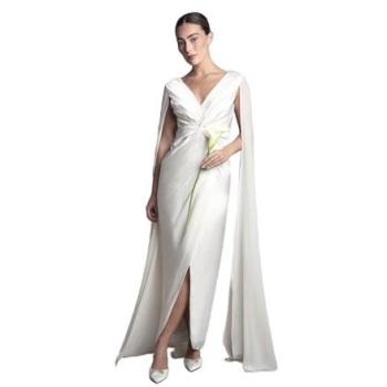 Coast White Satin Cape Sleeve Maxi Bridal Gown, Size 12