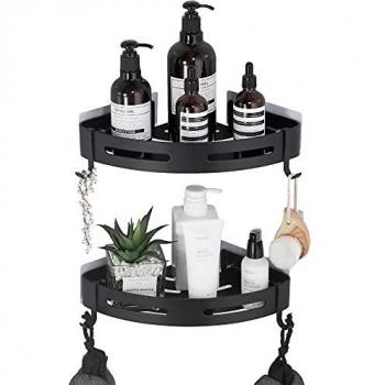GERUIKE Adhesive & Suction Cup Shower Caddy, 2-Tier Black Triangle Corner Shelf for Bathroom Organization