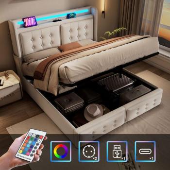 Coffre à Sommeil Double 180x200 cm – Matériau Coton, Rembourré, Tête de Lit, Lumière LED & USB