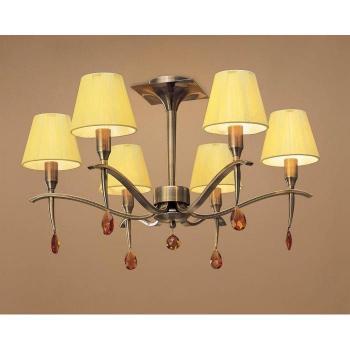 Lámpara empotrable Siena redonda 6 luces E14, latón envejecido con pantallas crema