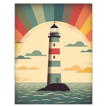Retro Lighthouse Sunburst Painting – 18 by 24 inches, Vintage Style