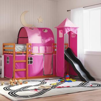 Letto a Castello con Scivolo e Tende per Bambini Rosa 90x190 cm