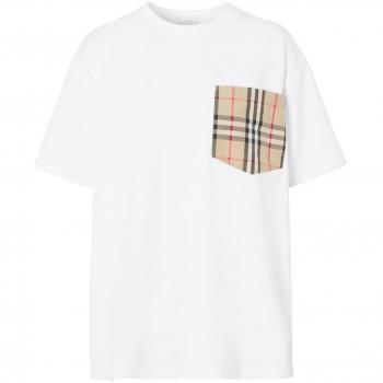 Burberry Women's White Cotton Tee with Check Pocket