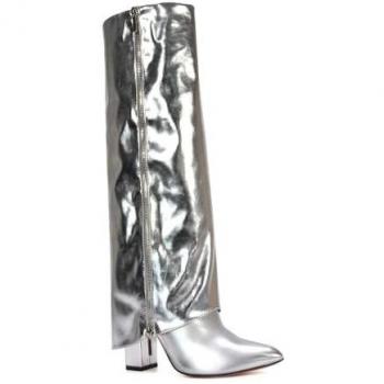 Allie Metallic Silver Fold-Over Knee Boots – Zip Detail