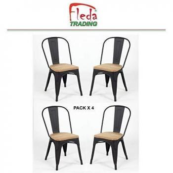 Sedie in Metallo Tòlix, Colore Nero Matto, Seduta in Legno Naturale (4 pezzi)