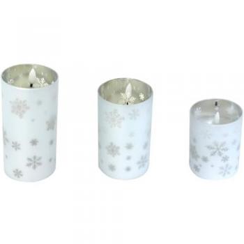 LED Echtwachskerze 3er Set in Glaswindlicht Silber mit Schneeflocken und Timer