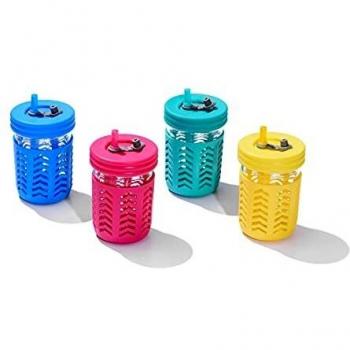 Camping & BBQ Toddler Mason Jar Pack – 4 Mini Jars, 8oz, Spill‑Proof with Sleeves & Straws
