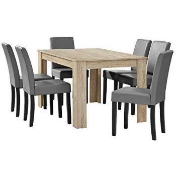 Table à manger chêne Brilliant 6 chaises gris cuir synthétique rembourré 140x90