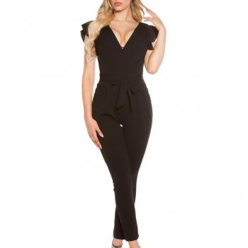 Long Overall Cocktail‑Jumpsuit Hochtailliert, Volant Kurzärmel, XL