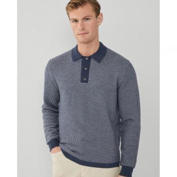 Male Medium Blue Print Long Sleeve Knitted Polo