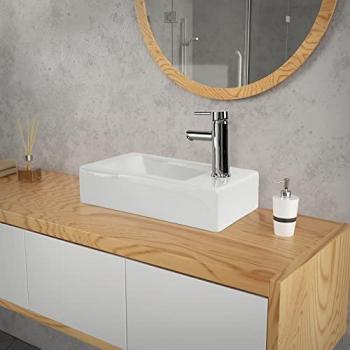 Vasque Rectangulaire Murale en Céramique Blanc Brillant 46x26x11 cm, Design Moderne avec Trou de Robinet à Droite