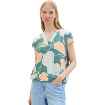 TOM TAILOR Gemusterte V‑Schlitz-Bluse, kurzärmelig, V‑Ausschnitt aus Viskose – Print Shirt