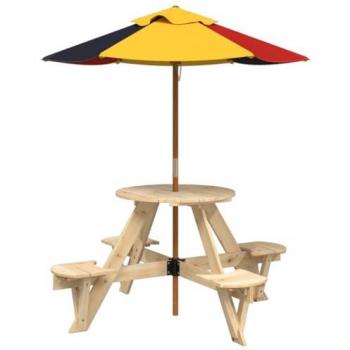 Kids Round Picnic Table with Umbrella Solid Wood Fir
