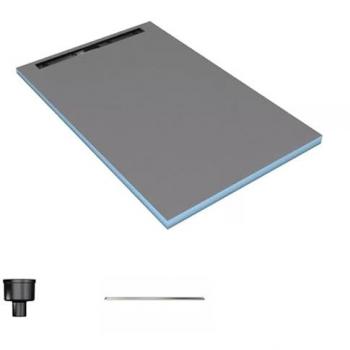 Duchero Wedi 120 × 80 cm con fondo Riolito Neo y desagüe vertical, listón de terminación 80 cm