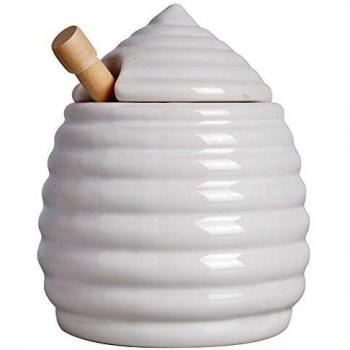 Honigtopf Bienenstock‑Form aus Keramik mit Ahornholzlöffel – weiß
