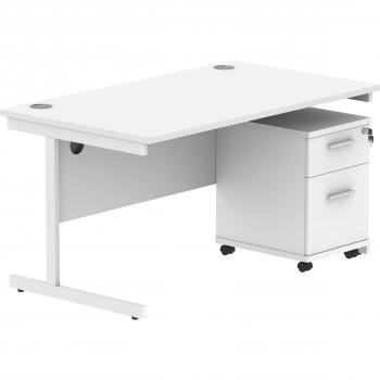 White/White 1400x800 Single Upright Rect Desk featuring 2-Drawer Mobile Ped