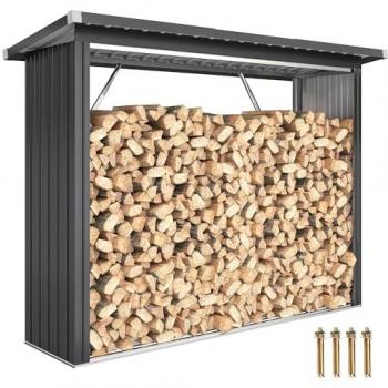 Outsunny Leñero de acero galvanizado con techo inclinado – 213×66,5×150 cm
