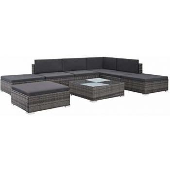 8-tlg. Garten-Lounge-Set mit komfortablen Auflagen aus grauem Poly Rattan