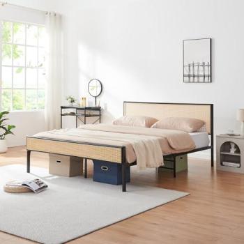 Linköping: Cama Metálica Rectangular Negra Efecto Rattan 160x200