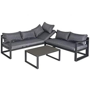 Ensemble de salon de jardin d'angle 5 places en aluminium gris avec coussins et table basse