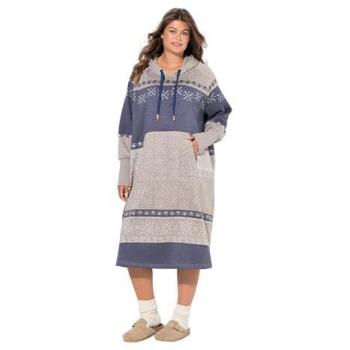 Oversize Norweger-Strickfleecekleid mit Kapuze für Damen in Blau, Größe L