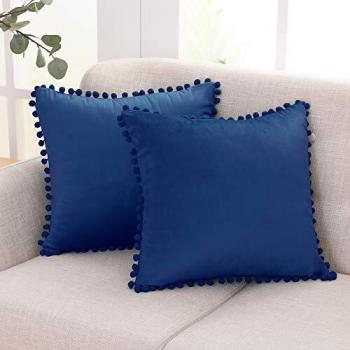 2-Pack Navy Velvet Cushion Covers with PomPoms