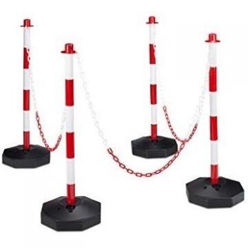 4x Red and White Traffic Bollards with Chains, Fillable Base for Water/Sand