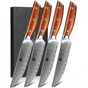 Ergonomic Rosewood Damascus Knife Set – 4 Pieces
