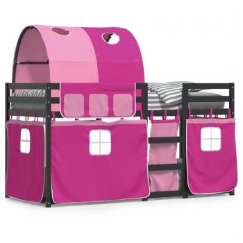 Mueble litera pino con cortina rosa 90x200 cm