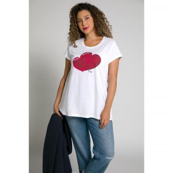 T-shirt con cuore, taglia 52/54, scollo a girocollo, mezze maniche, bianco, cotone, Ulla Popken
