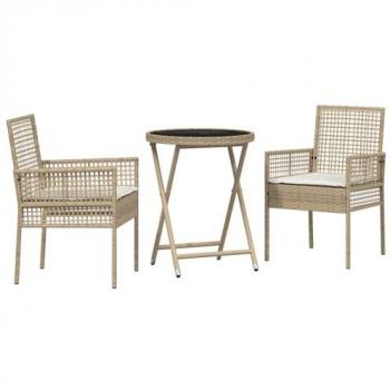 Pack extérieur bistro poly‑rattan 3 pièces, coussins color beige