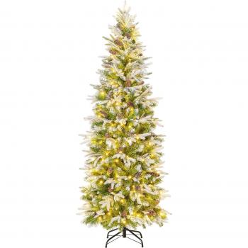 Albero di Natale Slim 190 cm con 280 LED Caldi e Pigne Innevate