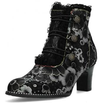 Laura Vita Damen Stiefelette Elcodieo 224 Schwarz mit Blockabsatz und Blumenmuster, Größe 40