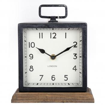 Rustic Mantel Clock on Wooden Base Industrial Quartz Square Distressed Metal New