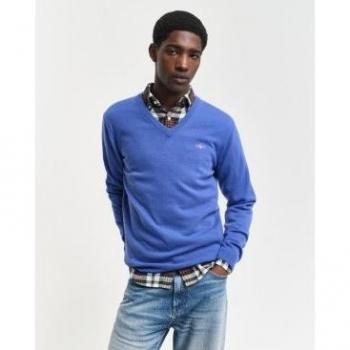 Suéter Gant 87212 cuello de pico azul lana merinos fina XXL