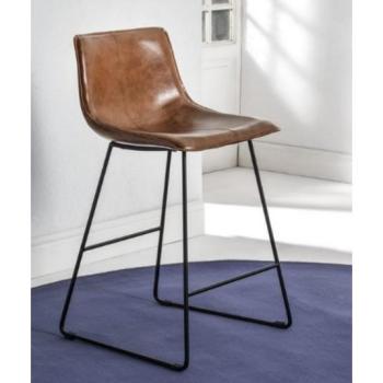 Tabouret de Bar en Cuir Marron et Pieds en Métal Noir