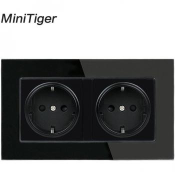 Minitiger 16A Double EU Power Outlet Crystal Glass Panel Grey Black