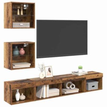 TV su parete a 5 unità con LED, finitura legno antico 100x30x30 cm
