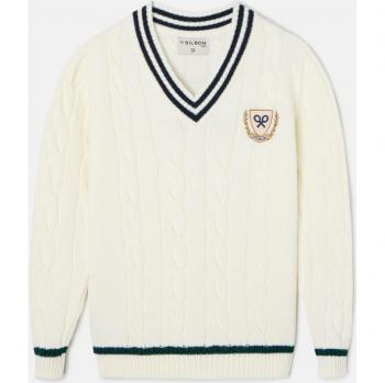 Jersey de niño Silbon crema con escudo y punto trenzado cuello pico
