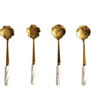 4Pcs Floral Design Stainless Steel Spoons with Ceramic Handles