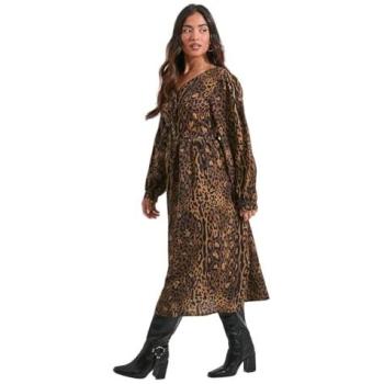 Leopard Motif Women's Midi Dress with Bow Accents – Blouson Sleeves, Green, Size 4