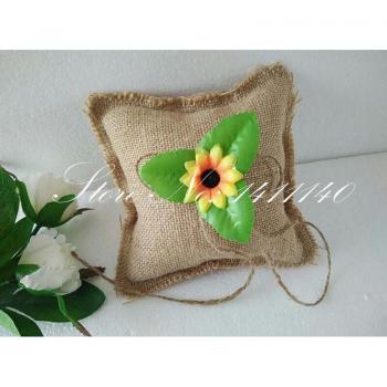 Burlap Ring Bearer Pillow with Sunflower & Jute Twine for Weddings 5.9 x 5.9