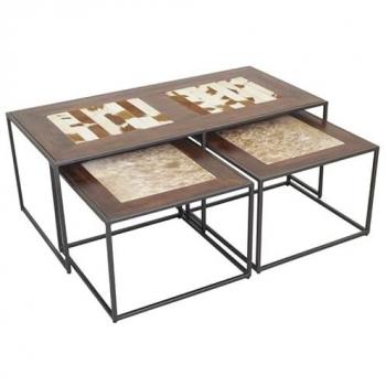 Trio de tables bois, métal et cuir de vache – Collection Aubry Gaspard