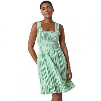 Shirred Zigzag Green Cotton Dress – Size 18