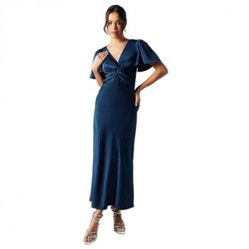Elegant Navy Satin Twist Front Bridesmaids Dress, Angel Sleeve, Midi Length – Size 10