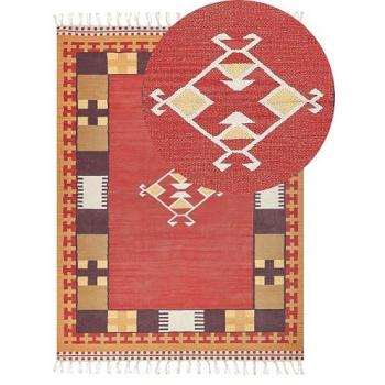 Reversible Kilim Area Rug 140 x 200 cm Multicolour Cotton Handwoven Flat Weave Geometric Pattern with Tassels