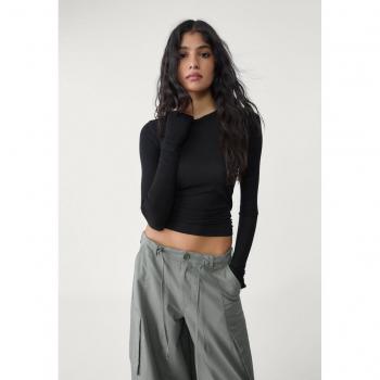 Stradivarius Damen-Rippshirt Schwarz L – langärmelig