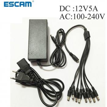 Adaptateur secteur 12 V 5 A CC à câble fendu 8‑paires pour caméras de surveillance analogiques et numériques